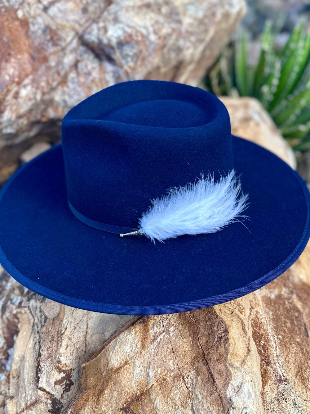 Navy Rancher Wool Hat Bolo Tie Feather Hat Pin